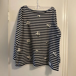 Talbots Black White Striped Embroidered Daisies Boat Neck 3/4 Sleeve Top Size XP